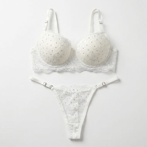 Beyaz Taş Detaylı Dantel Sütyen & Tanga Takım