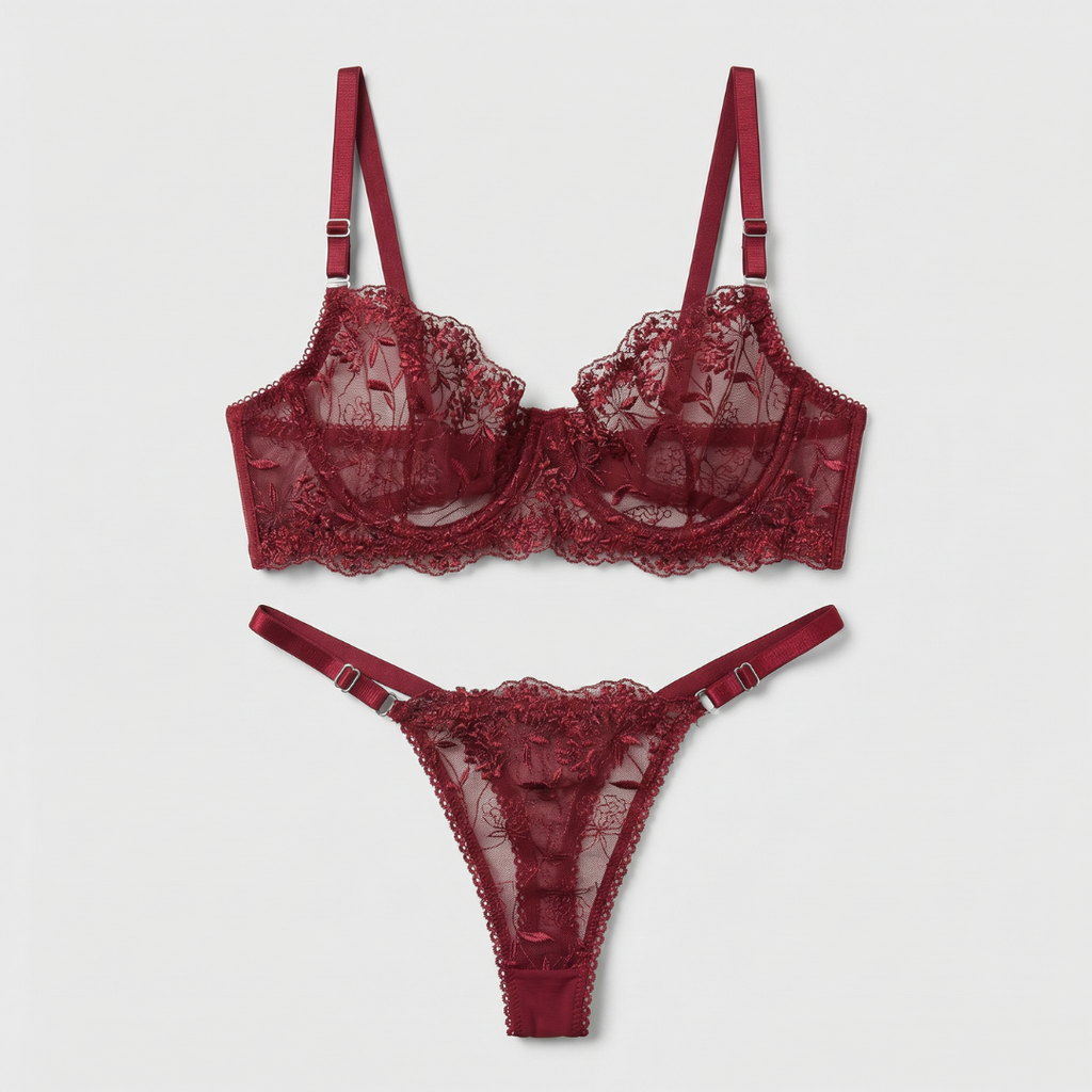 Bordo Çiçek İşlemeli Takım