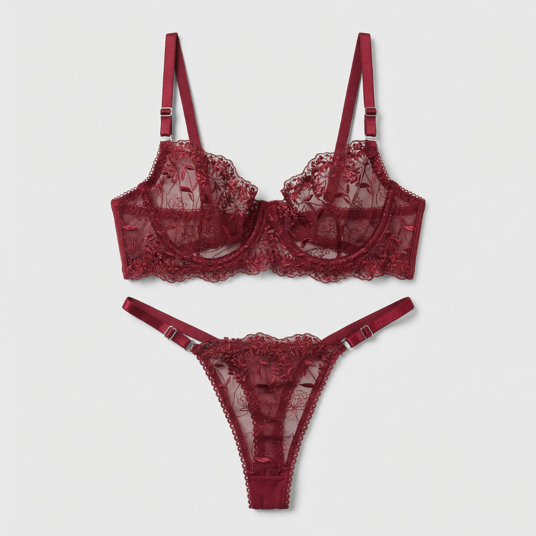 Bordo Çiçek İşlemeli Takım