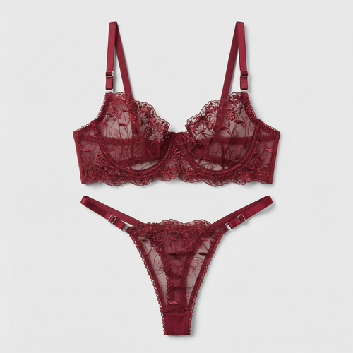 Bordo Çiçek İşlemeli Takım