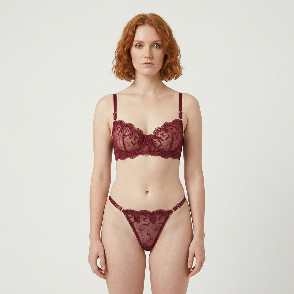 Bordo Çiçek İşlemeli Takım