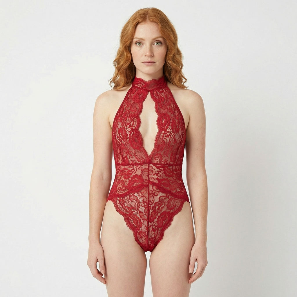 Kırmızı Dantel Derin V Yaka Fantazi Body
