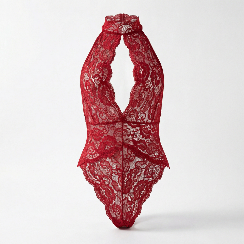 Kırmızı Dantel Derin V Yaka Fantazi Body
