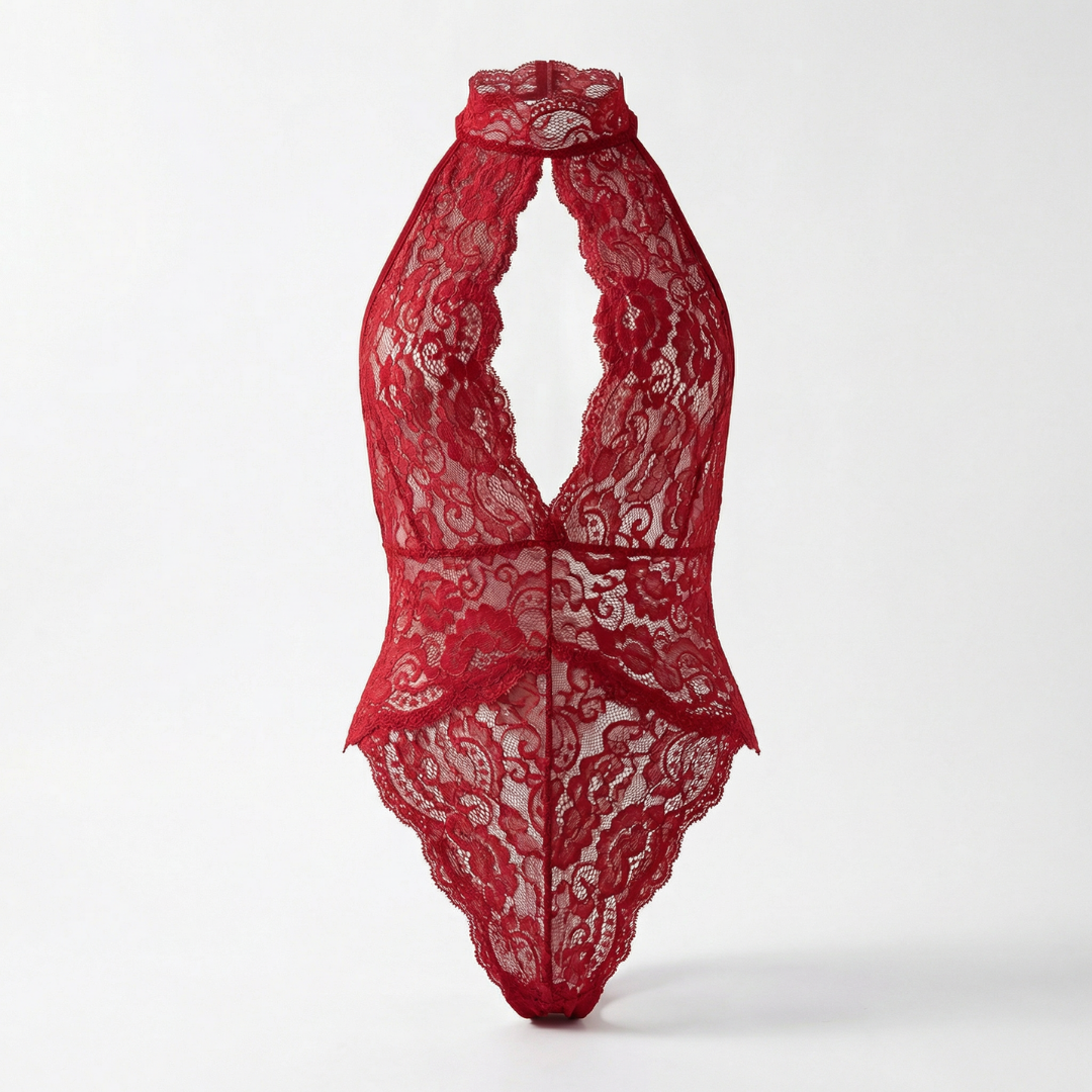Kırmızı Dantel Derin V Yaka Fantazi Body