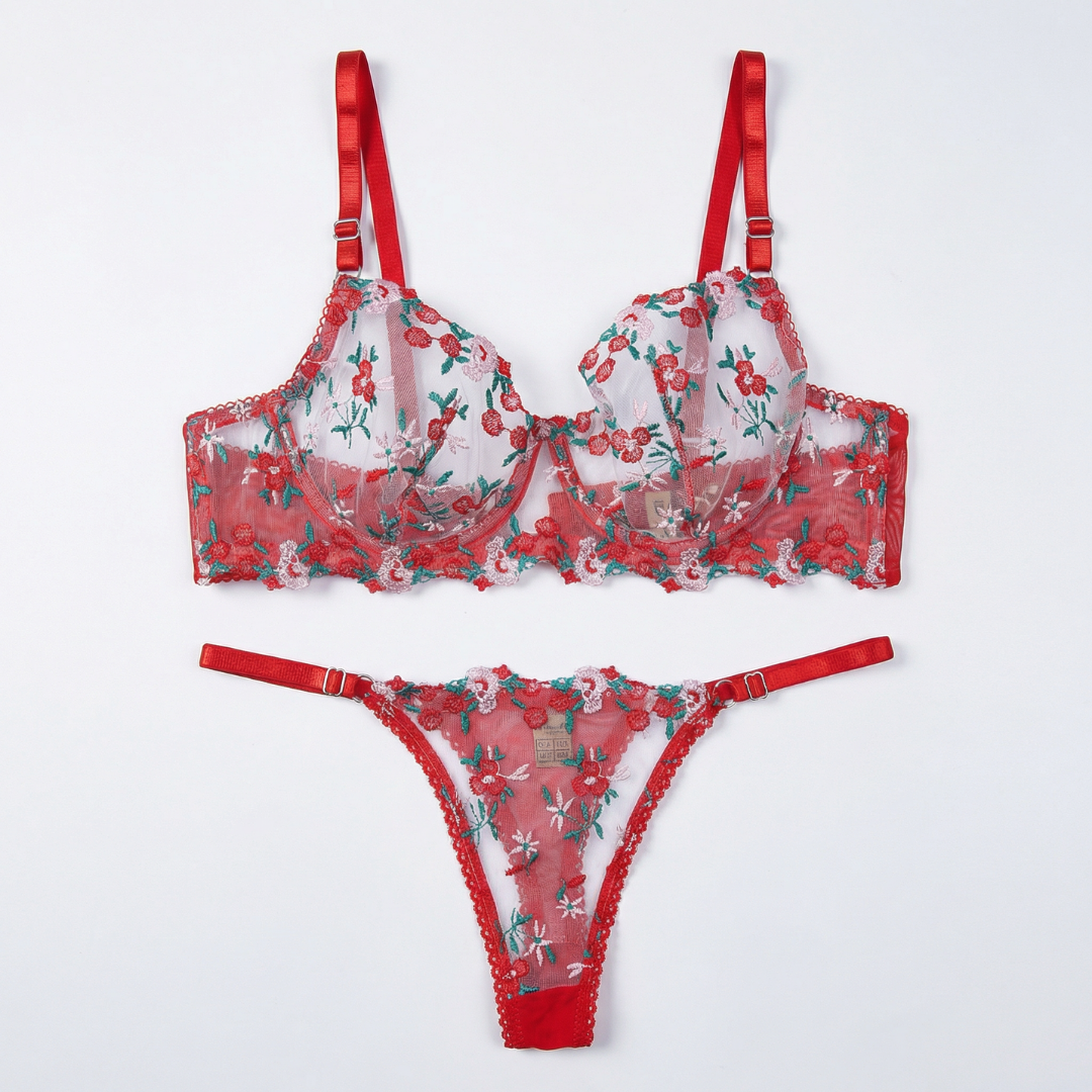 Kırmızı Askılı Çiçek Desenli Takım