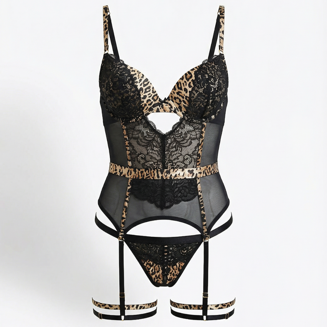 Leopar & Siyah Dantel Detaylı Jartiyer