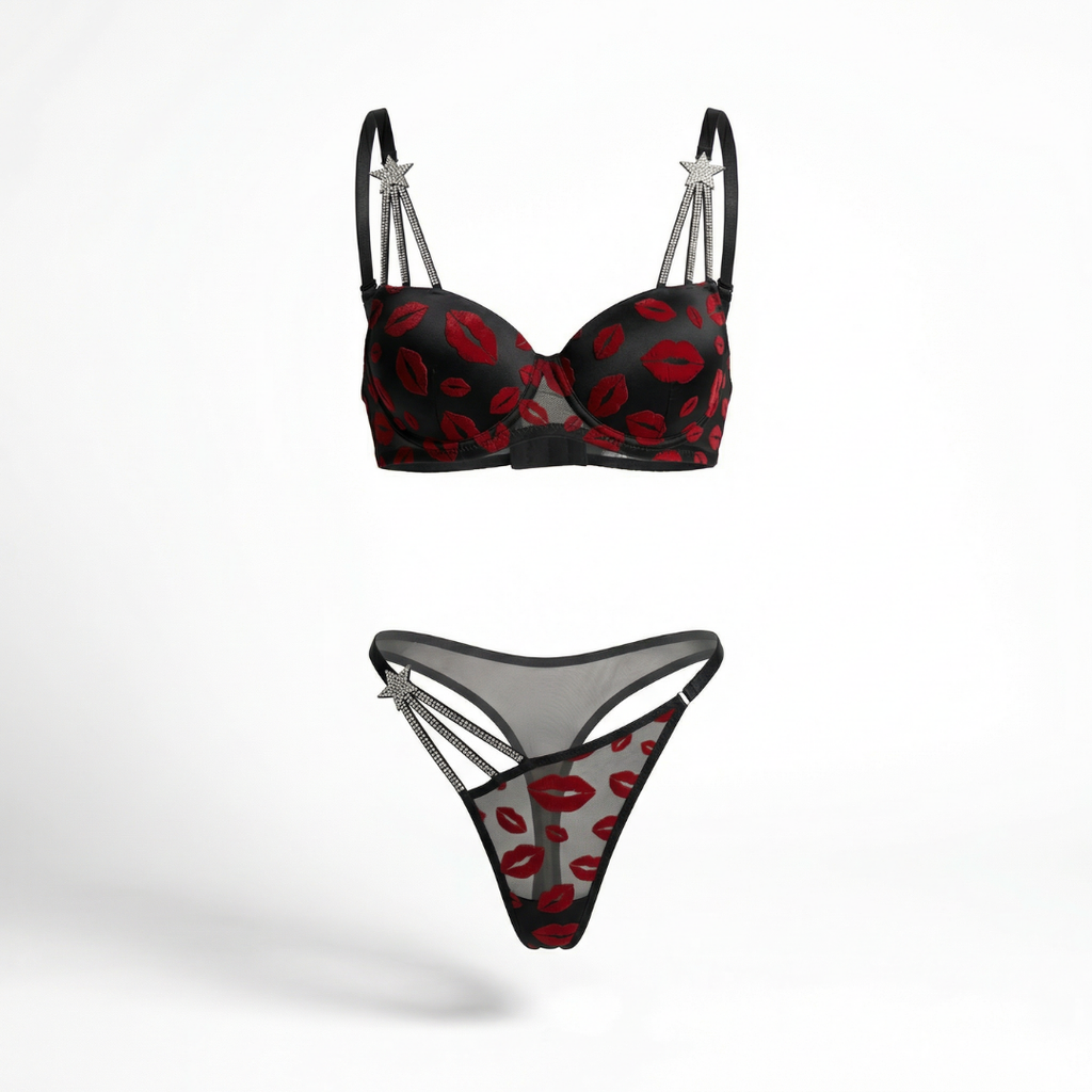 Taş Askılı Dudak Desenli Seksi Sütyen & Tanga Takım