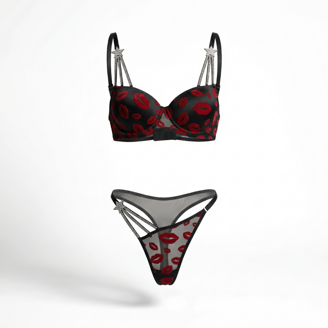 Taş Askılı Dudak Desenli Seksi Sütyen & Tanga Takım