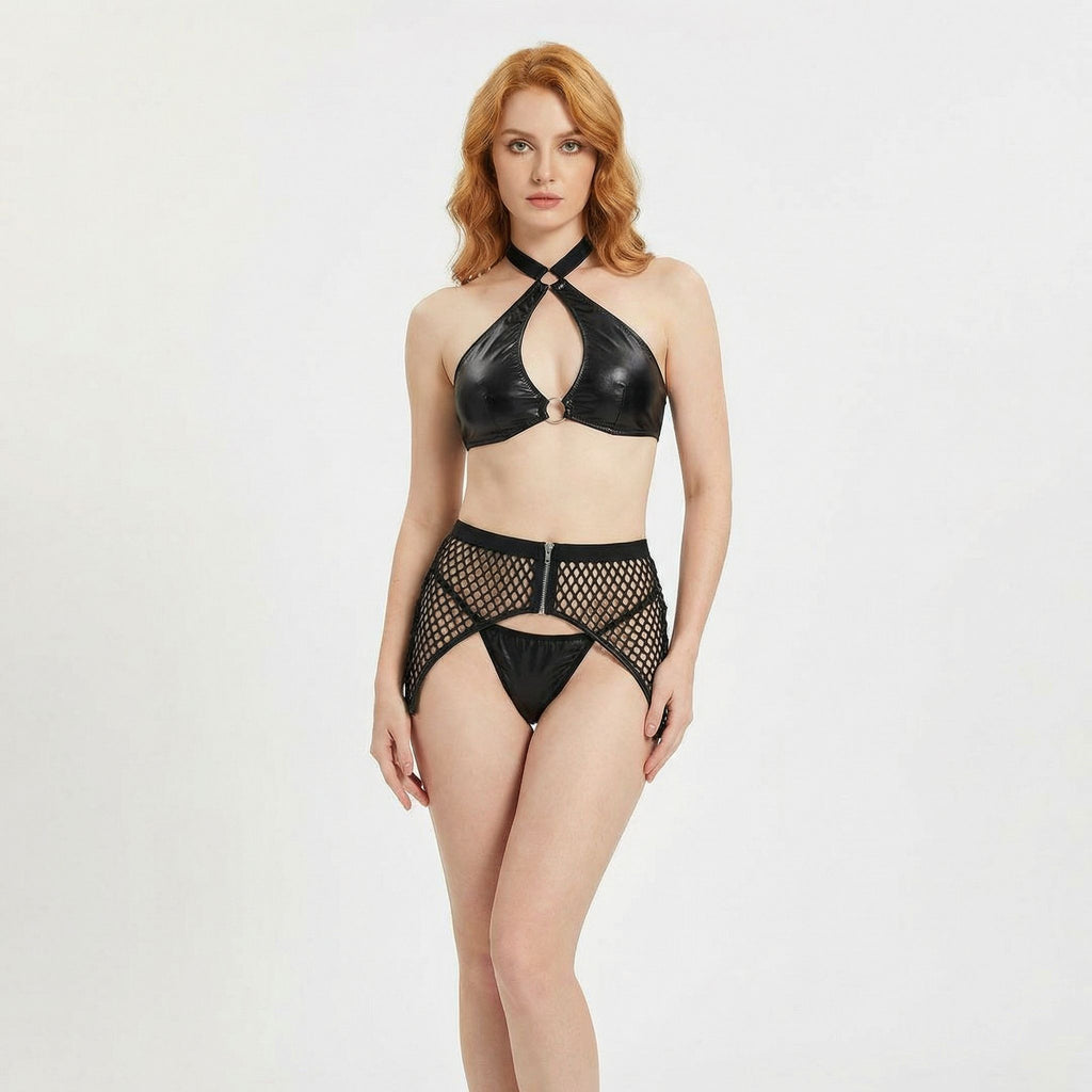 Siyah Deri Görünümlü Fantazi İç Giyim Takımı