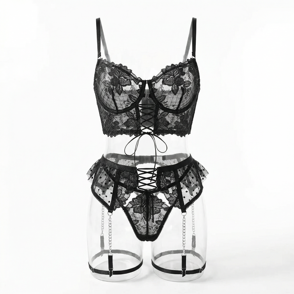 Siyah Dantel Korse Jartiyerli Fantazi Takım