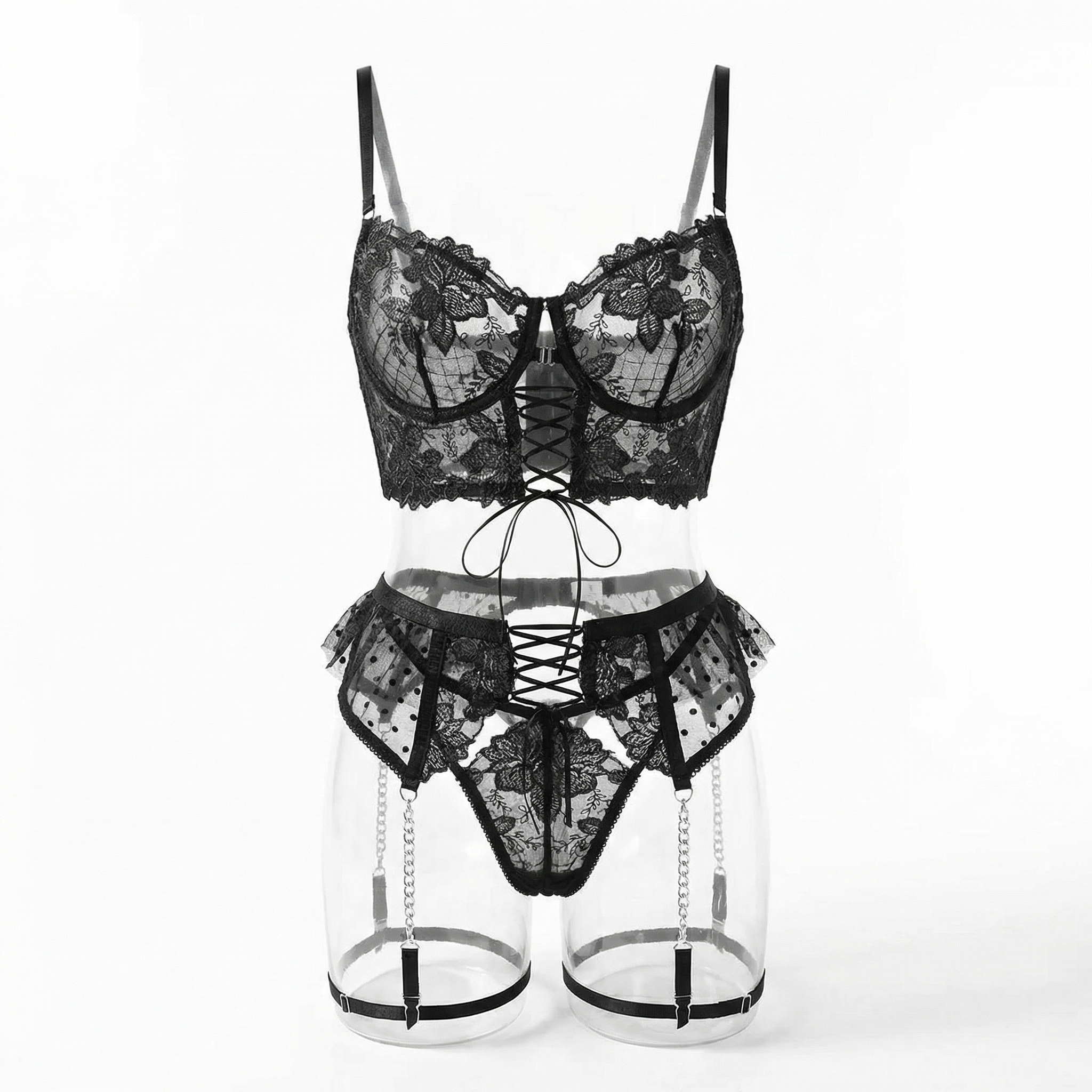 Siyah Dantel Korse Jartiyerli Fantazi Takım
