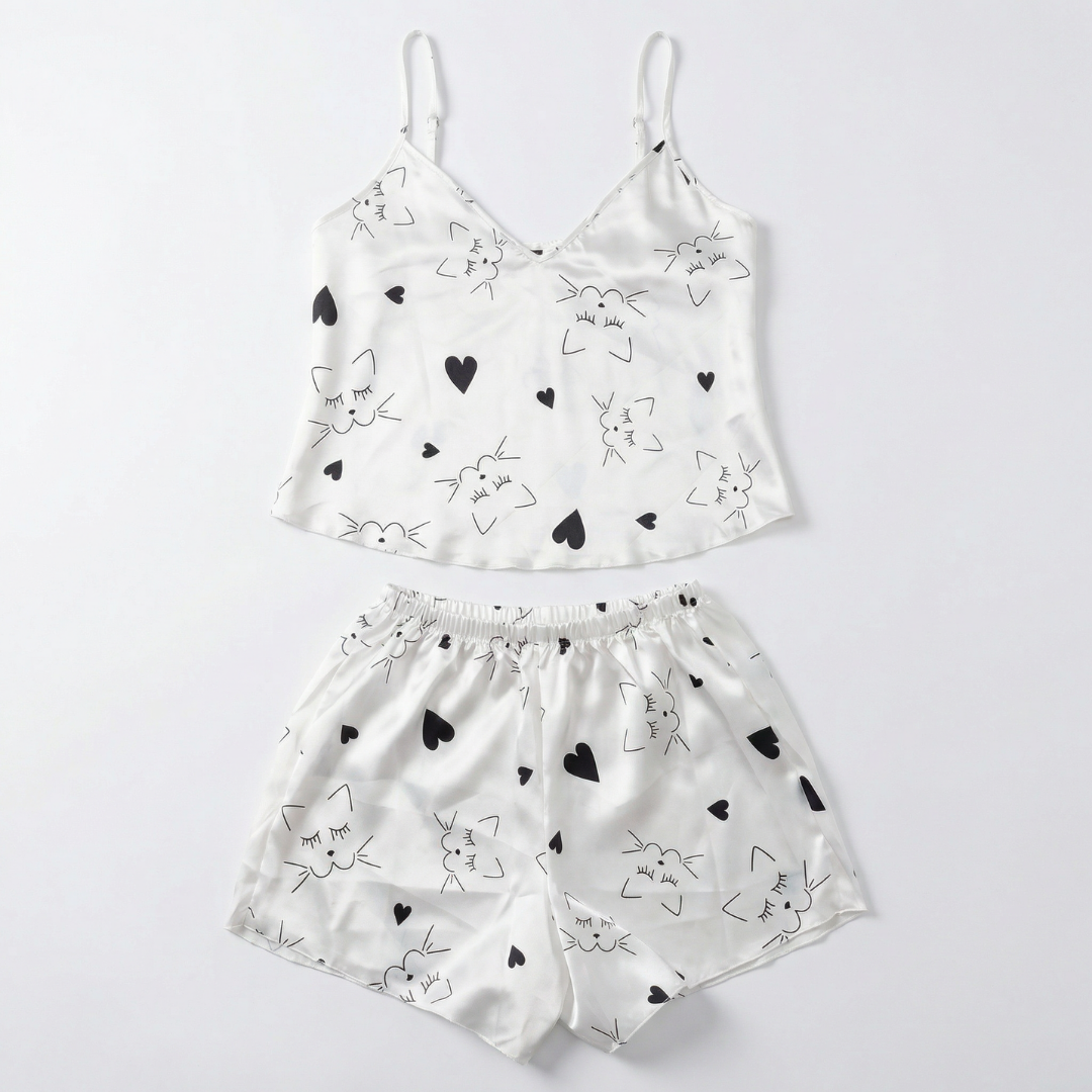 Kedi ve Kalp Desenli Saten Şort Takımı