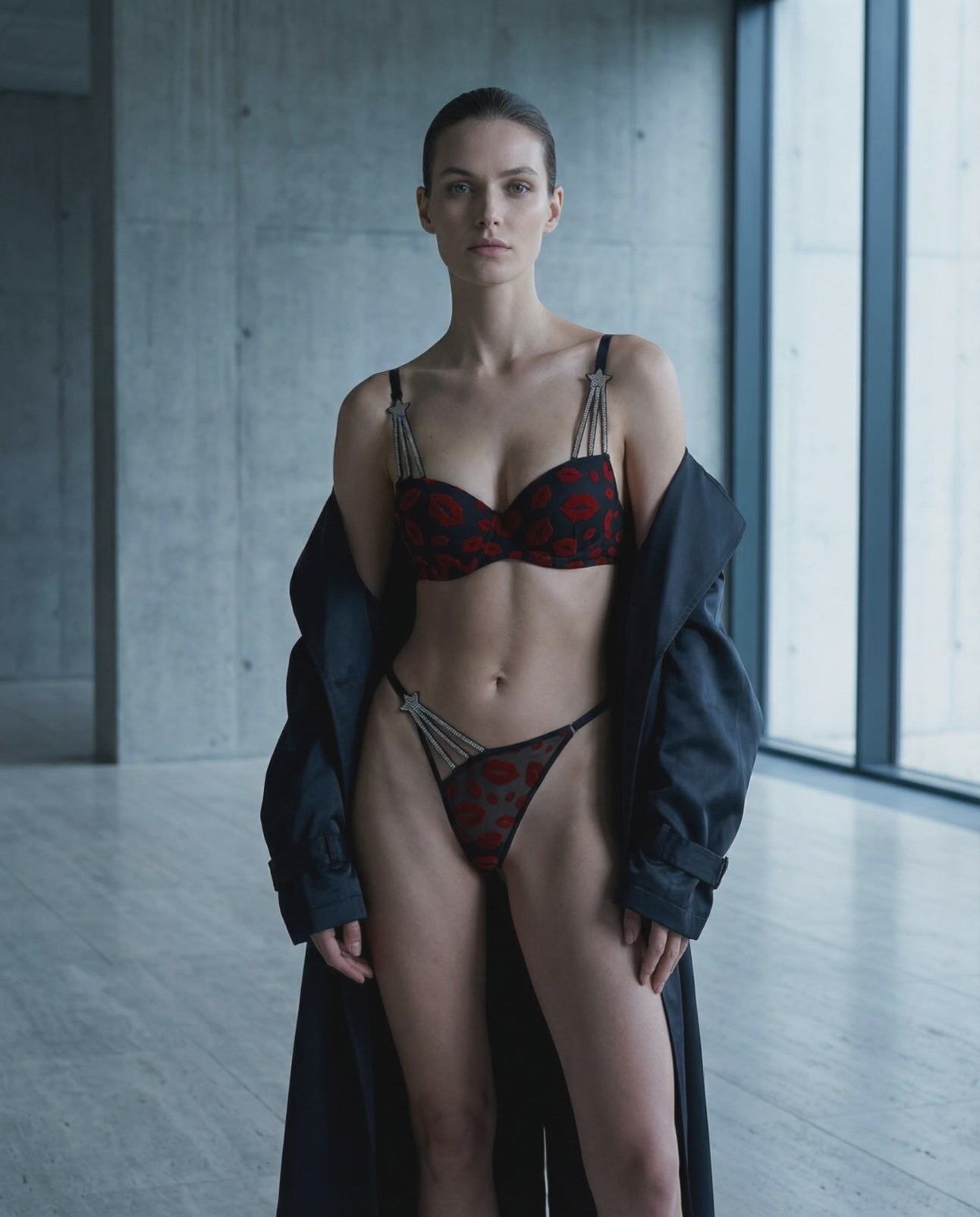 Taş Askılı Dudak Desenli Seksi Sütyen & Tanga Takım