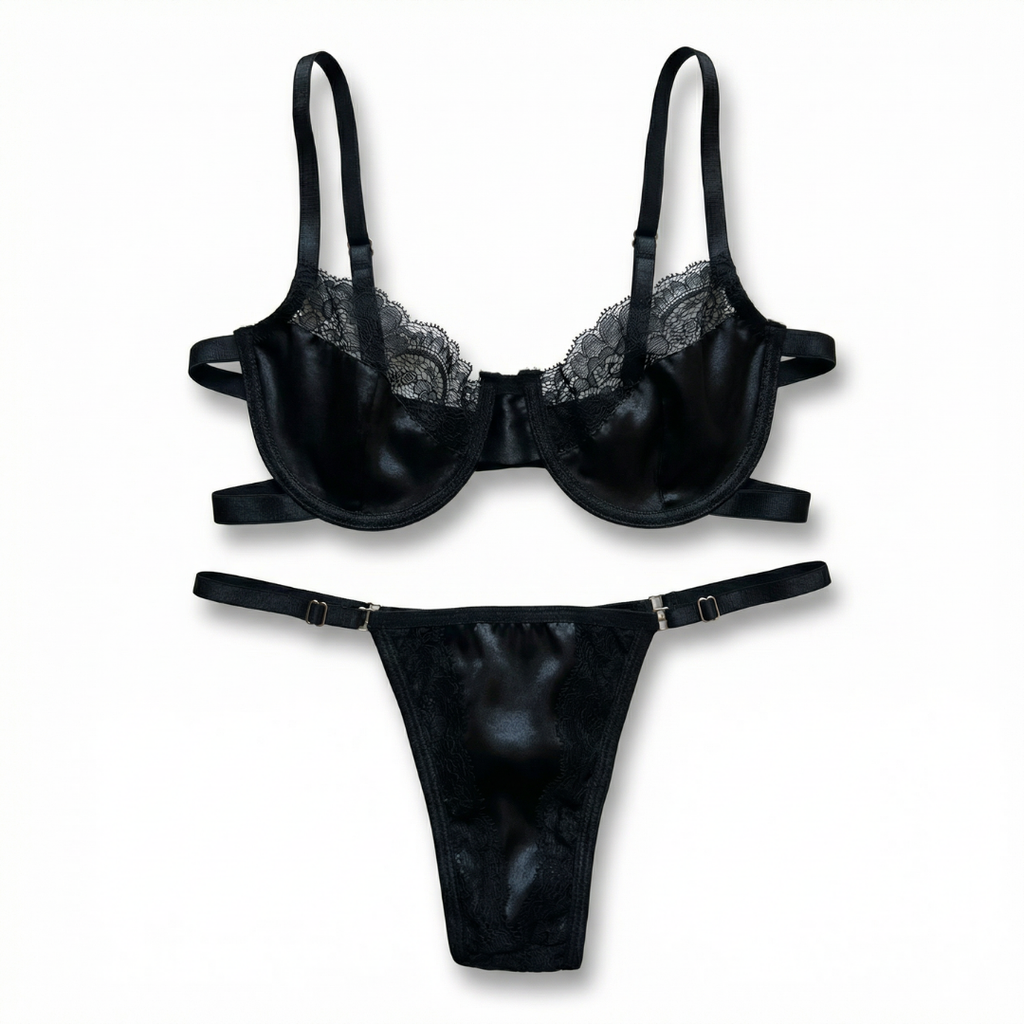 Siyah Saten & Dantel Detaylı Sütyen Takımı – Şık ve Seksi