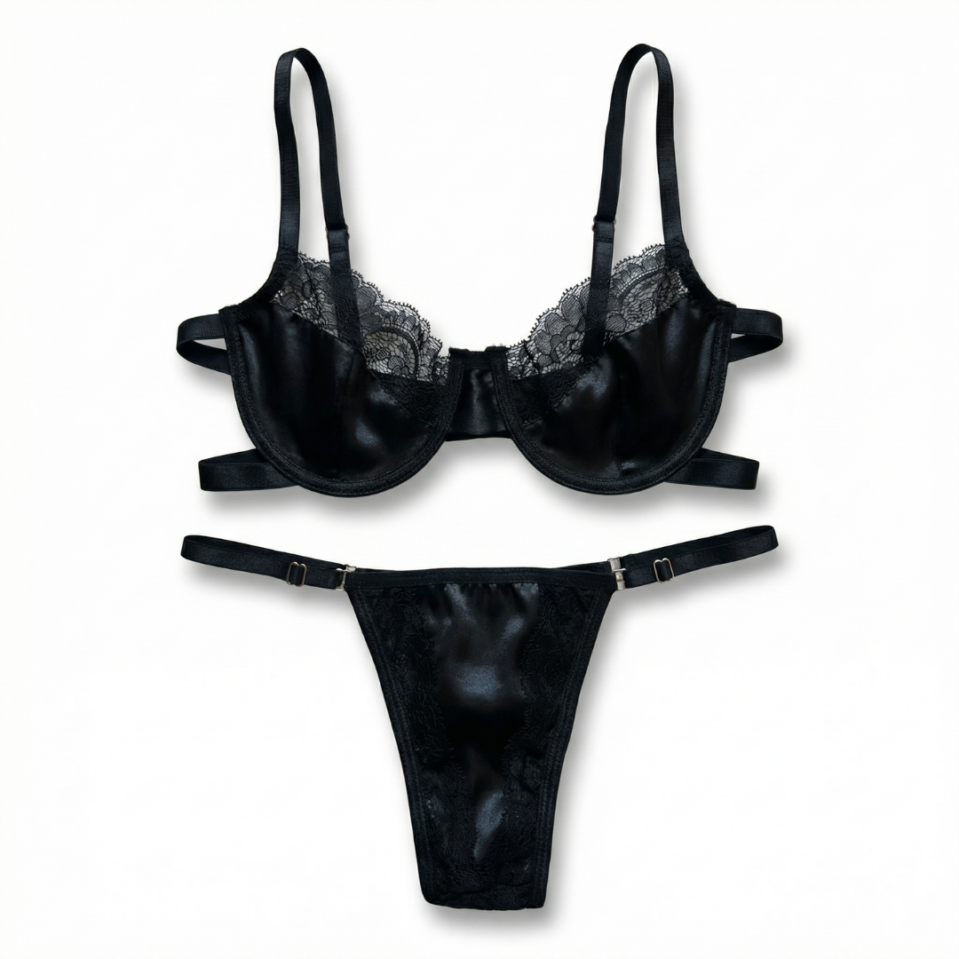 Siyah Saten & Dantel Detaylı Sütyen Takımı – Şık ve Seksi