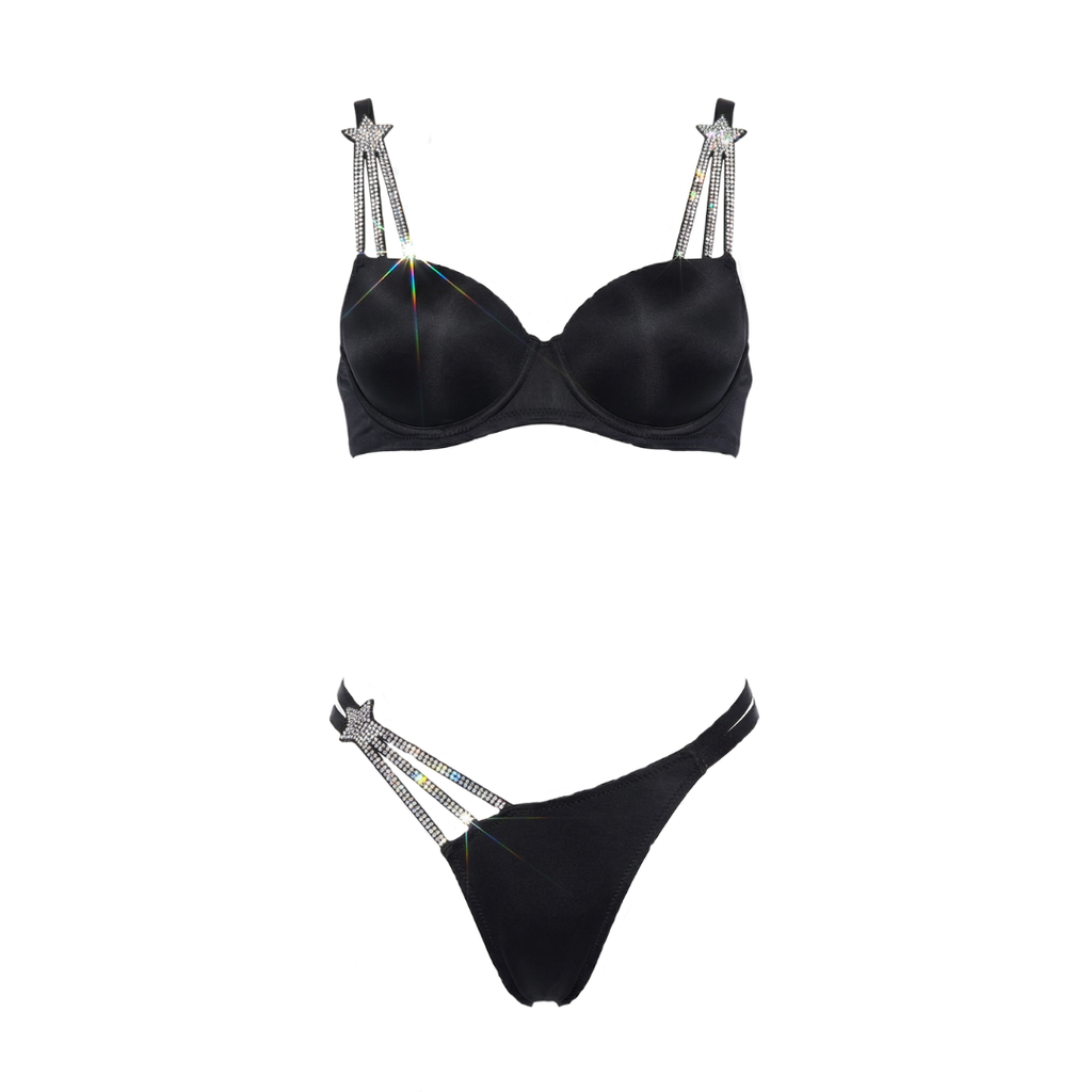 Taş Askılı Siyah Seksi Sütyen & Tanga Takım