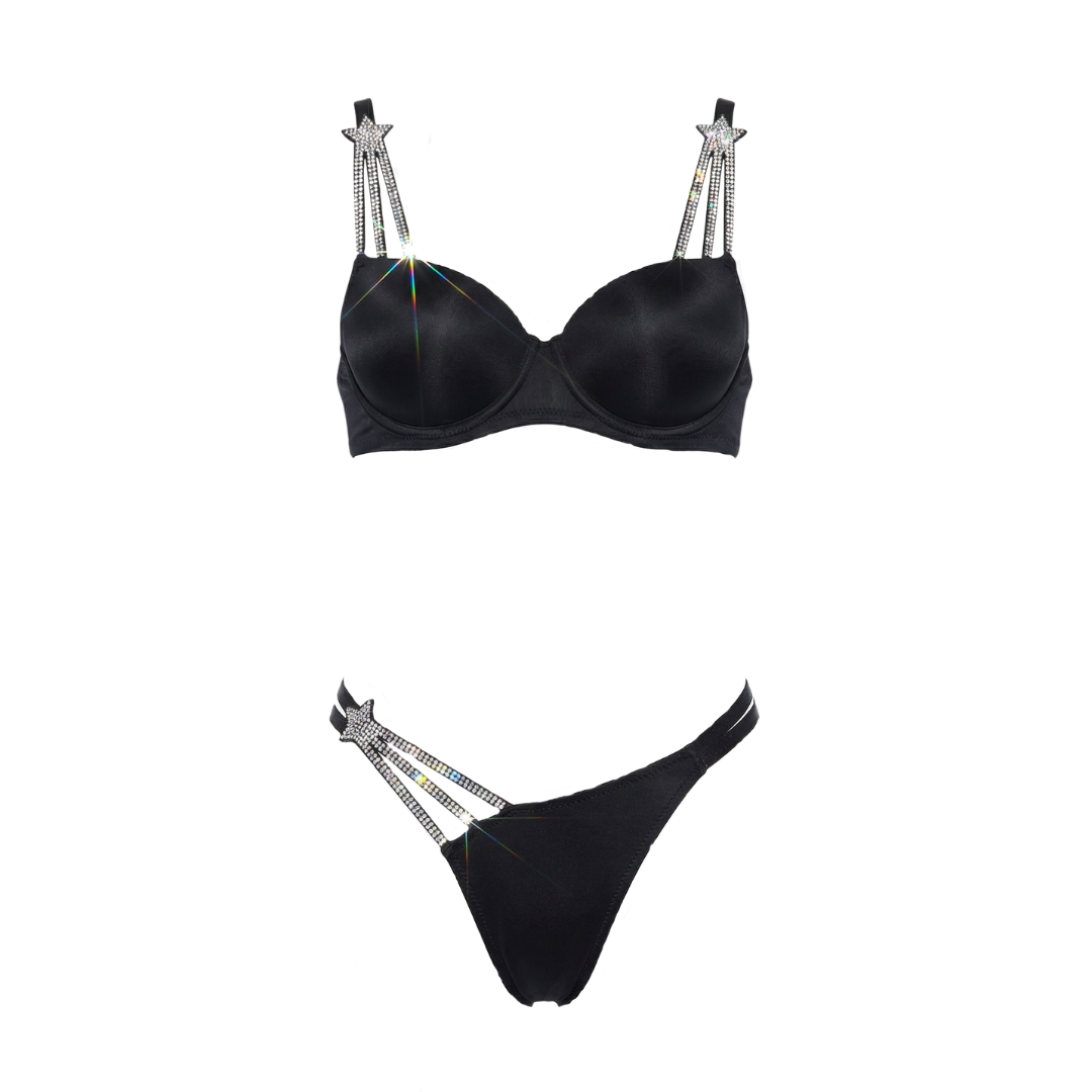 Taş Askılı Siyah Seksi Sütyen & Tanga Takım